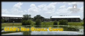 Pond in front of several modern buildings at the Central Florida Animal Reserve's new Osceola campus, with logo and website in the upper right corner.