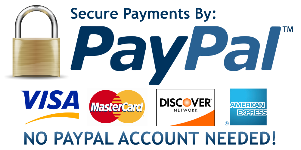 Image displaying a padlock, PayPal logo, and logos for Visa, MasterCard, Discover, and American Express, indicating secure payments without needing a PayPal account.