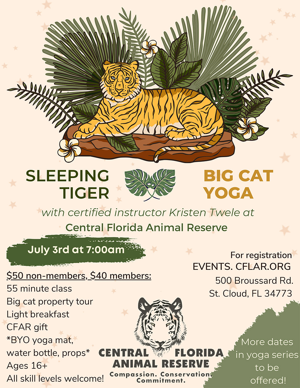 Get ready to say namaste to lions, tiger, leopards and cougars at Central Florida Animal Reserve’s Sleeping Tiger Big Cat Yoga! July 3rd at 7:00am!