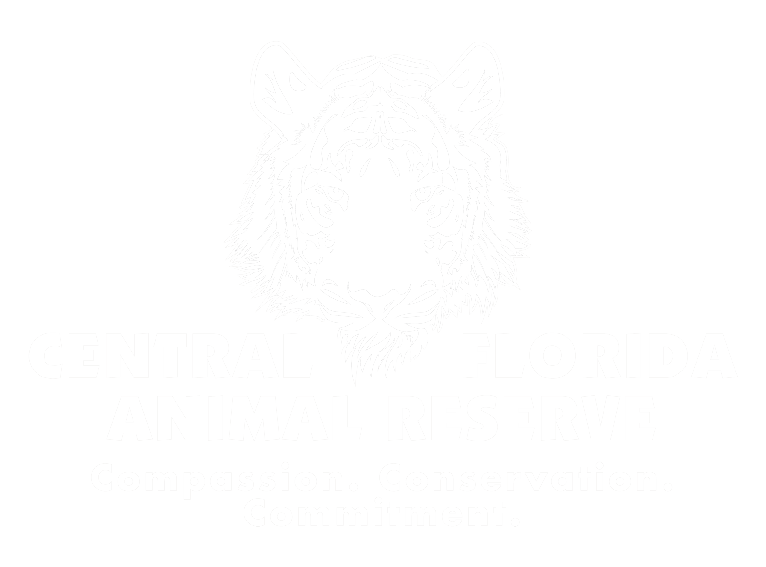 Logo with a tiger’s face above the words "Central Florida Animal Reserve" and the phrases "Compassion. Conservation. Commitment." written below.