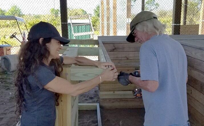 Two people work together outside at Central Florida Animal Reserve, attaching wooden boards; one holds the wood steady while the other uses a power drill.
