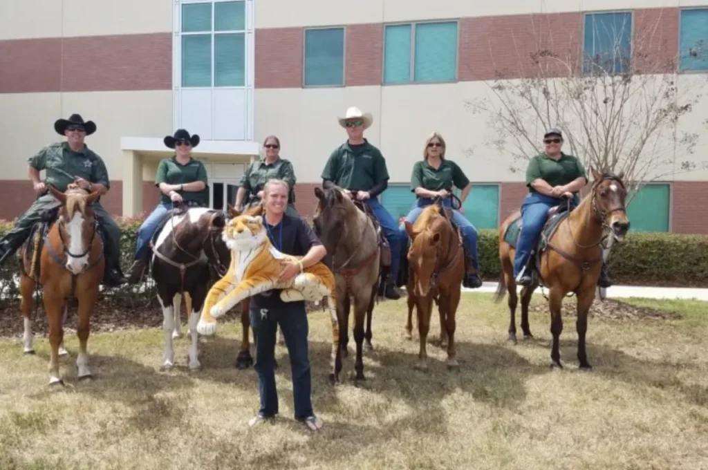 Six people in green shirts and cowboy hats, part of the CFAR partner program, pose with four horses in front of a building; one person stands holding a large stuffed tiger toy.