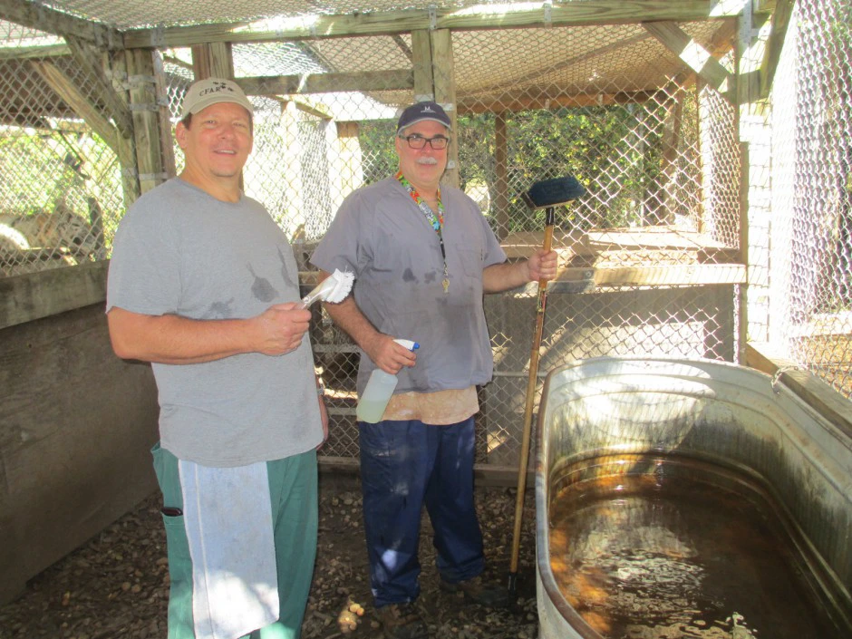 Two men stand by a large metal trough in an outdoor enclosure at a big cat animal sanctuary in Florida, holding cleaning tools and a spray bottle, wearing casual clothes and hats.
