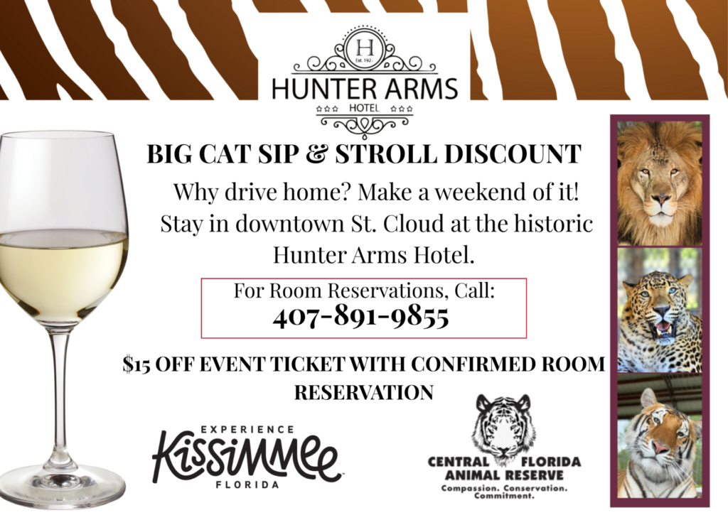 Promotional flyer for Hunter Arms Hotel featuring a wine glass, three big cats, and discount details for a Big Cat Sip & Stroll event in St. Cloud, Florida.