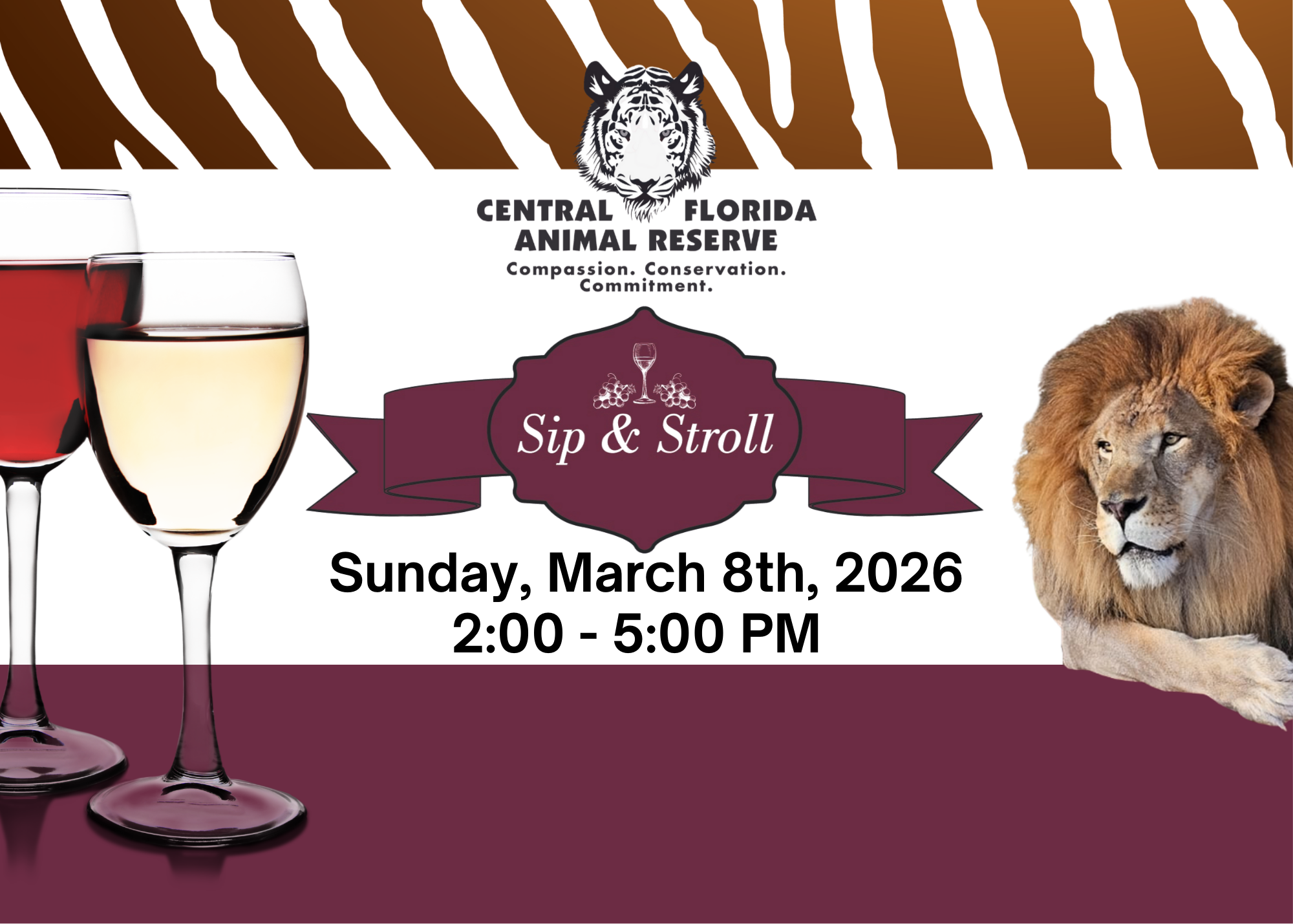 Event flyer for Central Florida Animal Reserve’s Sip & Stroll on March 8, 2026, from 2-5 PM, featuring wine glasses and a lion with a zebra stripe background.