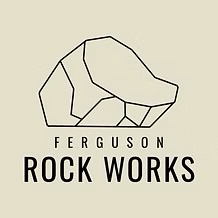 Logo with a geometric line drawing of a rock above the words “FERGUSON ROCK WORKS” in bold, black capital letters on a beige background.