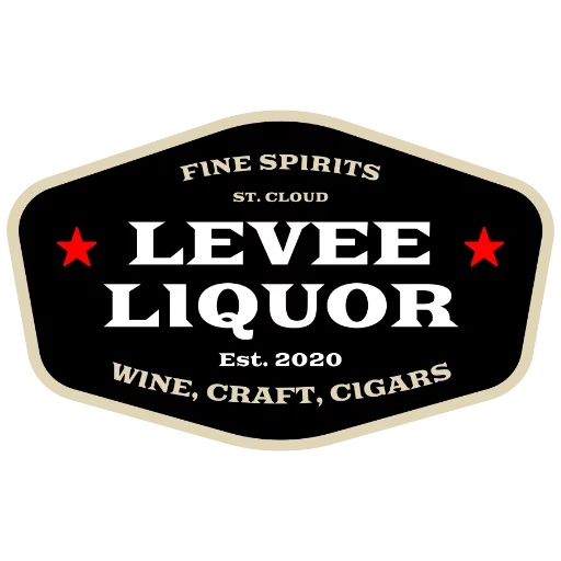 A black and beige badge-shaped logo reads: “Fine Spirits St. Cloud Levee Liquor Est. 2020 Wine, Craft, Cigars” with two red stars on either side of “Levee Liquor.”.
