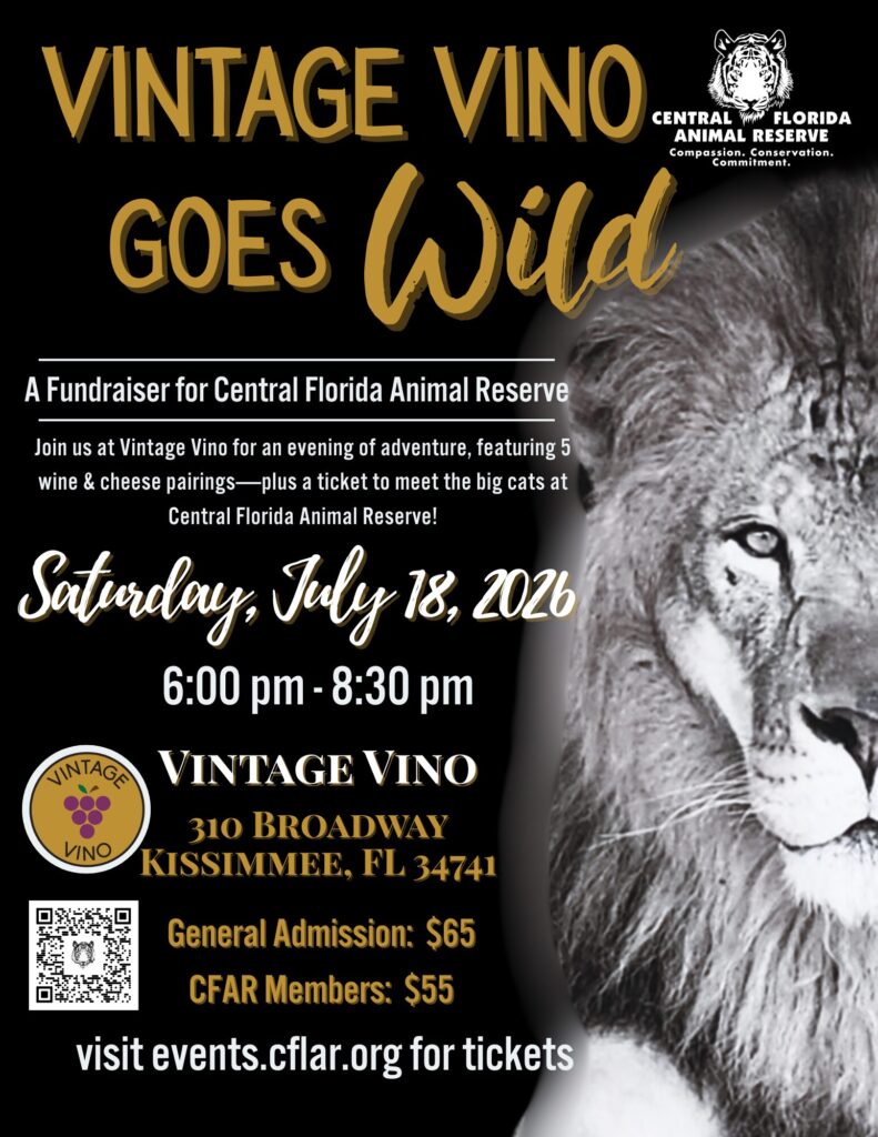 Flyer for "Vintage Vino Goes Wild" fundraiser on July 18, 2026, featuring a lion image, event details, pricing, and Central Florida Animal Reserve logo.