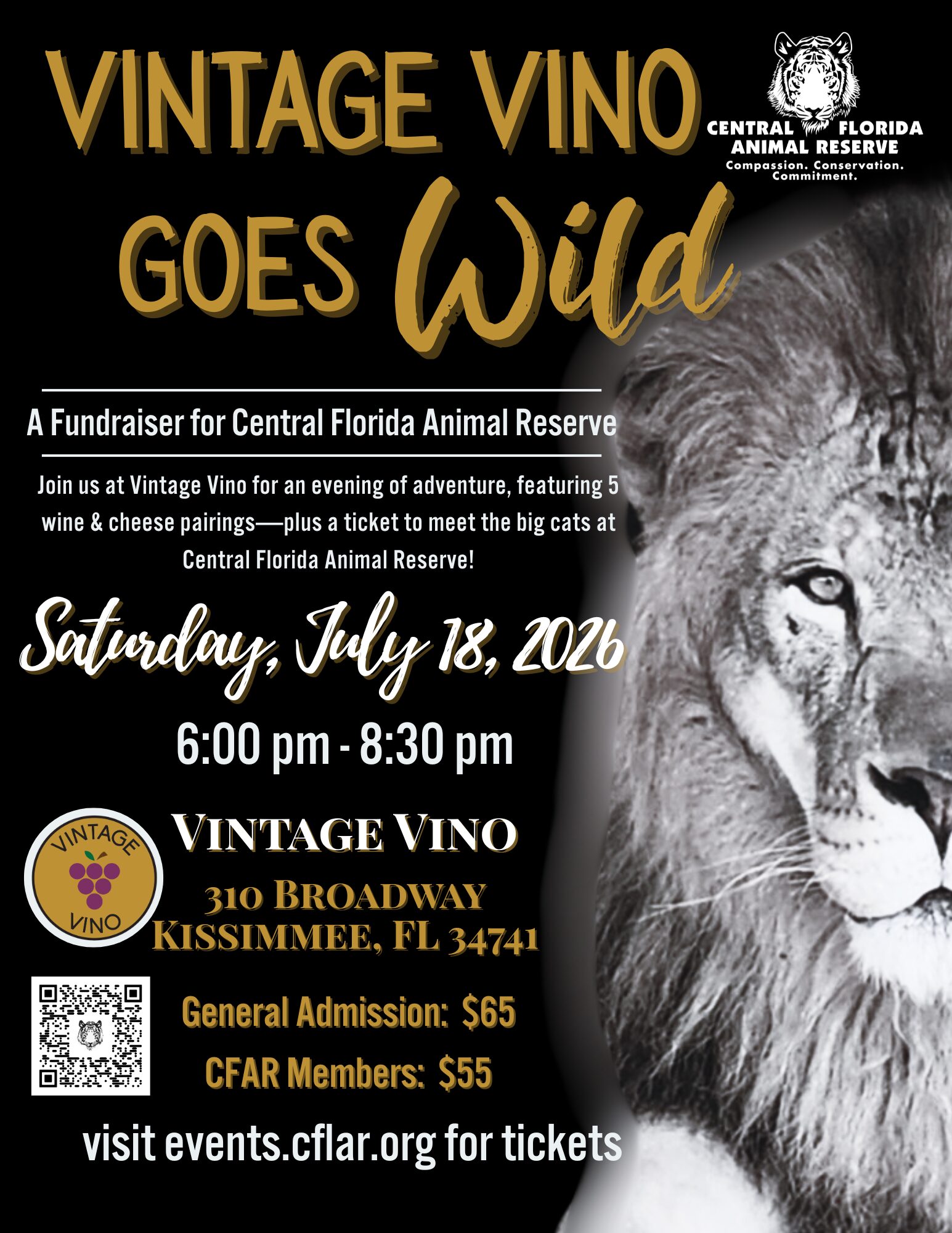 Flyer for "Vintage Vino Goes Wild" fundraiser on July 18, 2026, featuring a lion image, event details, pricing, and Central Florida Animal Reserve logo.