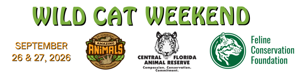 Banner for "Wild Cat Weekend" on September 26 & 27, 2026, featuring logos for Amazing Animals, Central Florida Animal Reserve, and Feline Conservation Foundation.