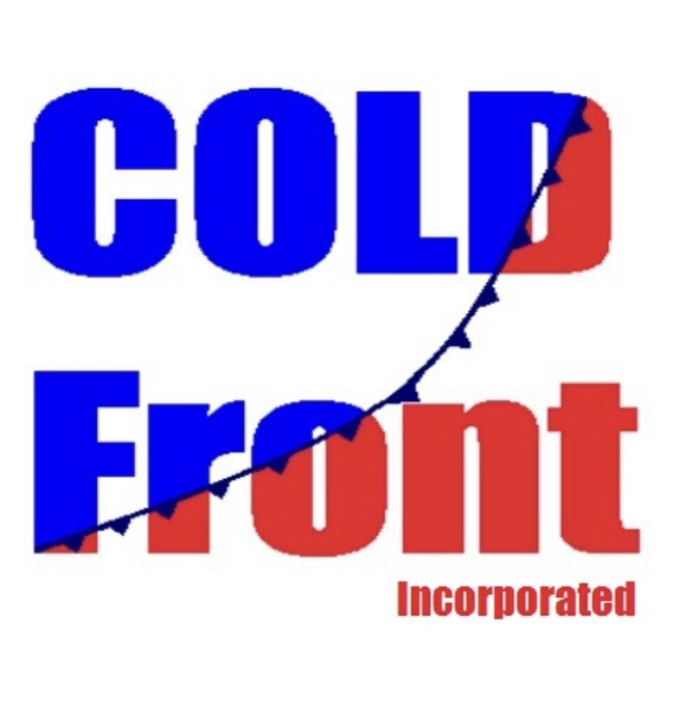 Logo for Cold Front Incorporated featuring the company name divided by a blue weather map symbol for a cold front.