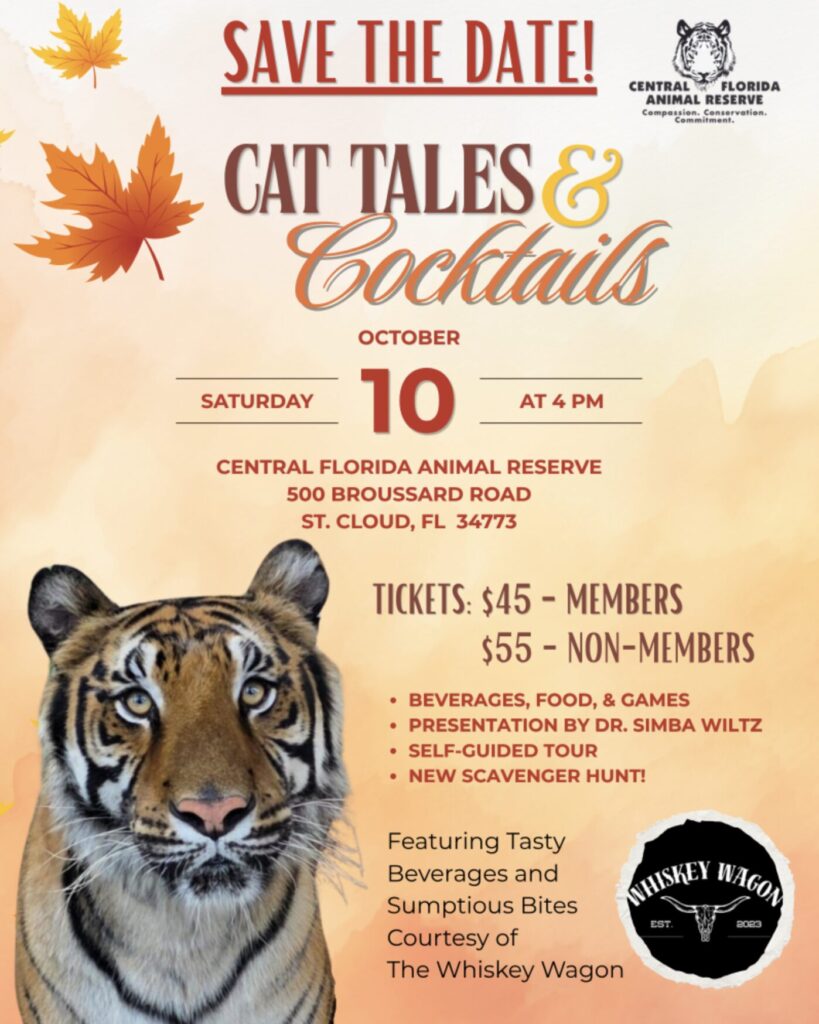 A flyer for “Cat Tales & Cocktails” with a tiger image, event details, date (October 10, 4 PM), location, ticket prices, activities, and logos for Central Florida Animal Reserve and The Whiskey Wagon.