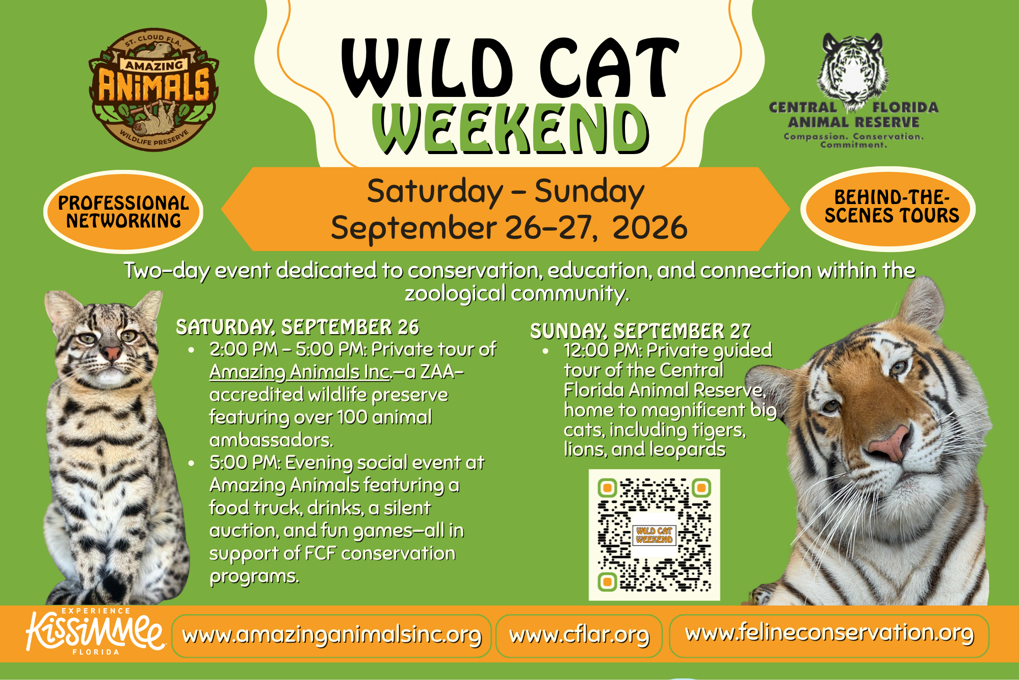 Event flyer for “Wild Cat Weekend” on September 26–27, 2026, with wild cat images, event details, logos, and website links promoting animal conservation, networking, and zoo tours.